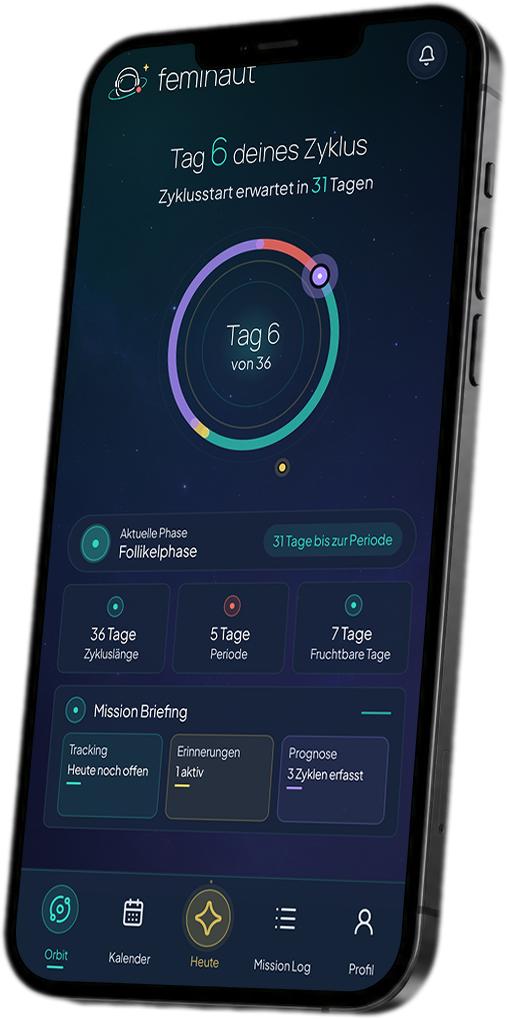 Feminaut App-Startansicht auf einem Smartphone